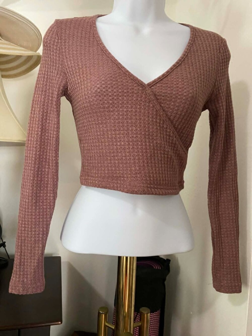 Pink V-Neck Semi-Crop Long Sleeve Top